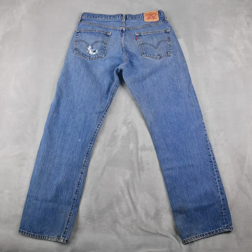 Levis Jeans 501 Mens 36x31 (33x32 Actual) Button Fly Distressed Blue Denim